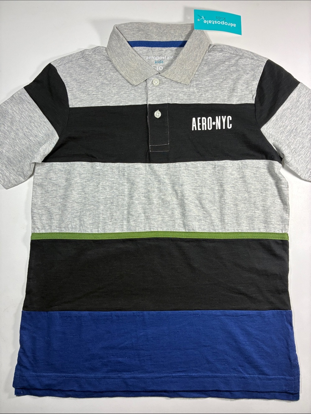 NWT Aeropostale Kids Grey Black Blue Stripe Polo with Green Accent, size 10